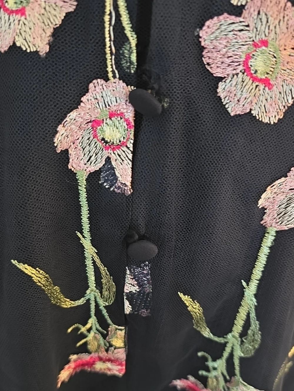 Teri Jon Navy Midi Dress with Pink Floral Embroidery